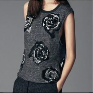 AllSaints Embellished Rose Tank Top Sparkle Glitter Charcoal Grey US 4 UK 8